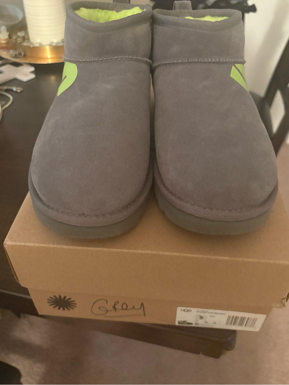UGG Classic Ultra Mini Chopped Boot in Gray with Lime Accent
